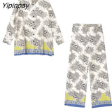 Yipinpay 2023 Spring Autumn Women Printed Shirts Suit Oversized Fashion Single Breasted Blouses 2 Pcs Wide Leg Pants Street Outwear