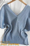 Yipinpay V-neck Minimalist T-shirts Bat Sleeve Pleated Spring Summer New Korean Solid Fashion Short Sleeve Top Casual Blouse Shirts