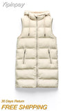 Yipinpay Fashion Hooded Women's Cotton Vest for Women 2023 Winter Long Front Zippers Vests Coat Ladies with Pocket Waistcoat Coats