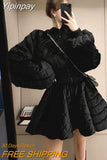 Yipinpay Cotton-padded Puff Sleeve Black Parkas Autumn Winter Clothes Crop Jacket Top Mini Pleated Skirt Female Coat Skirts Sets