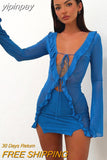 yipinpay Sexy Mesh Long Sleeve Women Blue 2023 Bodycon V Neck Party Dress Summer Outfits Ruffles Night Club Mini Dress See Through