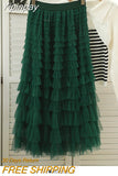Yipinpay Style Knee Length Skirt For Women 2023 Y2k Elastic Band Fairy Long Skirts Female For Dinner Maxi Tulle Skirt Pink Coffee