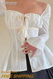 Yipinpay Chic White Shirts for Women Flare Long Sleeves Pleated Square Neck Bow Knotted Dress Tops Casual Elegant Blouses