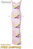 Yipinpay MO Tie-dyed Printed Pleated Maxi Slip Dresses For Women 2023 Summer Sling Printting Backless Dress Lady Outwear Vestido