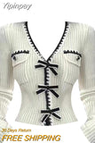 Yipinpay Knitted Pullover Office Lady 2023 Autumn Casual Long Sleeve Y2k Clothing V-neck Korean Style Fashion Slim Blouse Woman