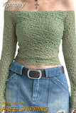 Yipinpay Women Off Shoulder T-shirts Crop Tops Sexy Clothing 2023 Latest Fashion Long Sleeve Solid Color Hollow Texture Slim Clothes y2k