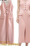 Yipinpay Pink Long Dress Women Waistcoat Midi Dress Woman Sleeveless Elegant Dresses For Women 2023 Office Formal Party Dresses