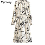 Yipinpay Summer Women Printed Mid-Calf Dresses With Belt 2023 Elegant Fashion Turn Down Collar Dresses A-line Long Sleeve Vestidos