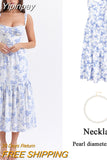 Yipinpay Summer Blue Midi Floral Print Holiday Dress Elegant Spaghetti Strap Full Skirt Go Out Party Dresses Women Dress 2023