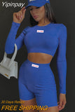 Yipinpay Women Shorts Set Long Sleeve Top And High Waist Shorts Blue Two Piece Sets Tracksuit Outfits Sport Basic Y2k