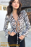 yipinpay Mesh Top Long Sleeve T-Shirt Bandage Crop Top Club Sexy Slim Hollow Out Tee Shirt Fairy Grunge Zebra Print Tops Y2K Clothes