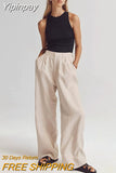 Yipinpay Elegant Khaki High Waist Pants Pleated Cotton Linen Wide Legs Trousers Office Ladies Summer 2023 Floor-Length Pants