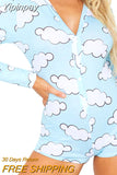 Yipinpay Women Long Sleeve Print Jumpsuit Fashion Loungewear for Female Autumn V-Neck Buttons Romper Ladies Sleepwear Playsuit S-2XL