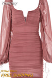 Yipinpay V-Neck Puff Sleeve Ruched Dress Women Party Double Layer Long Sleeve Sexy Mini Dresses Elegant Femme Clubwear Clothing