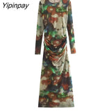Yipinpay 2023 Women Tulle Mid-Calf Dresses Spring Elegant O-neck Slim Party Sexy Vestidos Fashion Long Sleeve Back Zipper Dresses