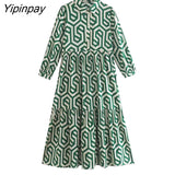 Yipinpay New Women Summer Print Dress Vintage Female Party Mid-Calf Geometric Loose Vestidos Half Sleeve High Waist Vestidos Mujer