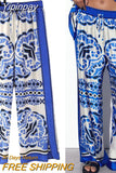 Yipinpay Women Pants Sets Blue Print Wide Leg Pants Women 2023 Mid-Waist Pyjama Woman Trousers Split Summer Casual Baggy Pants