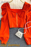 yipinpay Sexy Zipper Crop Tops Female Ruched Casual Vintage Long Sleeve Blusas Women Korean Elegant Camisas Club Short Shirt