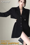 Yipinpay Waist Hollow Suit Dress Women New Autumn V-neck Mini Black Long Sleeve Dresses Office Ladies