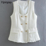 Yipinpay New Women Solid Vest Blazer Suit Set 2023 Spring Double Breasted Sleeveless Jackets Side Zipper Pencil Pants
