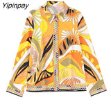 Yipinpay 2023 Summer Women 2PCS Print Blouses+Skirts Set New Turn Down Collar Long Sleeve Tops High Waist Dress Girl Outfits