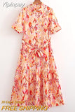 Yipinpay Fashion Print Women's Dress Formal Dresses for Women 2023 Summer Chic and Elegant Casual Dress Ladies Belt Long Dresses
