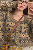 Yipinpay Sexy Retro Square Floral Cropped Cardigan Knitted Top Slim Pull Femme Jumpers Single-breasted Jacquard Sweater Coat
