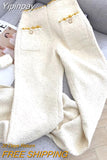 Yipinpay Leg Pants Women Apricot Casual Pants Spring Design Niche Retro High Waisted Slim Woolen Pants Pantalones Black Tweed