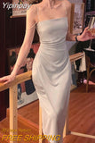 Yipinpay Elegant Spaghetti Strap Midi Dress Women Summer Sexy Irregular Split Prom Dress Vintage Casual Folds Evening Party Dress