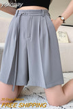 yipinpay Women High Waist Wide Leg Shorts Pants Loose Elegant Office Ladies Suit Shorts Solid Color Pockets Black Slim Pants