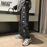 Yipinpay Fashion style Women jeans Vintage Straight Wide leg pants High waist Oversize Loose Long jeans Heart print Casual jean