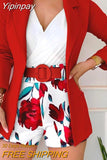 Yipinpay Sleeve Blazer & Floral Print Shorts Set with Belt Women Casual New Fashion 2023 Female Clothing Outfits Suit