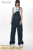 Yipinpay Womens Vintage Denim Overalls Winter Streetwear Fashion Casual Baggy Jeans Bib Rompers Straight Denim Trousers Korean Ladies