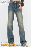 Yipinpay Retro Blue Washed Bootcut Jeans For Women Y2k Fashion High Waisted Wide Leg Pants Female Bottoms Cotton Denim Trousers