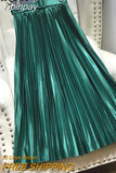 Yipinpay Spring Summer Women's Midi Pleated Skirts Belt Satin Vintage Elastic High Waist Plain Skirt Lining Korean A-line Skirt