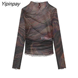 Yipinpay Women Tulle Printed Blouses Shirt 2023 Spring Autumn Causal Long Sleeve Thin Tops Pullover Half High Collar Short T-Shirts