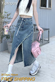 Yipinpay Women Denim Maxi Skirts Y2k Fashion High Waisted Blue Vent Raw Edge Korean Version Washing Casual Wrap Buttock Jean Skirt