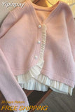 Yipinpay Women's Sweaters 2023 Autumn Gentle Korean Pearl Button Ruffled Patchwork Pink Cropped Cardigan V Long Sleeve Mesh Knitted Coat