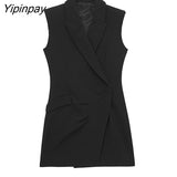 Yipinpay Office Ladies Mini Blazer Dresses Elegant Black Notched Folds Dresses Vintage Causal Long Sleeve Party Vestidos 2023 Autumn