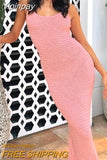 Yipinpay Women Long Bodycon Dress Solid Color Knitted Sleeveless Sling Spaghetti Strap Cocktail Dress Summer Party Club Dress S M L