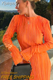 Yipinpay Women Elegant Orange Pleated Bodycon Dress 2023 Summer Chic O-Neck Long Sleeve Fold Dresses Fashion Street Ladies Vestido