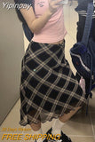 Yipinpay Vintage 90s Plaid Skirt Women Summer 2023 Korean Style Casual Mesh Print High Waist Slim Midi Skirt Girl Y2k Streetwear