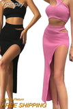 Yipinpay Women Sexy Two-piece Clothes Skirt Sets Summer Solid Color One-shoulder Vest and Slit Skirt Women's Suits Club Wear