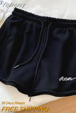 Yipinpay Women Summer Short Pants Embroidery Letters Drawstrings Elastic Waistband High Waist Shorts Ladies Short Tight Trousers