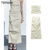 Yipinpay 2023 Fashion Women Solid Folds Skirts Sets Spring Summer Causal Strapless Tops Back Slip Zipper Mid-Calf Skirts Suits