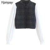 Yipinpay New Women Blouses Shirts 2023 Spring Autumn Casual Single Breasted Spliced Tops Vintage Long Sleeve T-Shirts