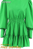 Yipinpay Lantern Sleeve Vintage Dress Long Sleeve O-Neck Casual Women Ruffle Dress Short Mini Pleated A-Line Frill Dress Lady
