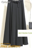 Yipinpay Women Vintage Suit Skirt With Belt Elegant Korean 2023 Casual Fashion Elastic Waist A-line Midi Skirts Office Ladies