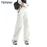 Yipinpay Multi Bag Casual Wide Leg Cargo Pants Loose Red Jeans Woman