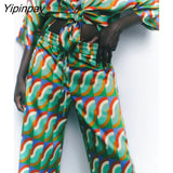 Yipinpay 2pcs Women Geometric Print Pant Shirt Sets 2023 Summer Long Sleeve Turn Down Collar Blouse+Wide Leg Trouser Causal Outwear